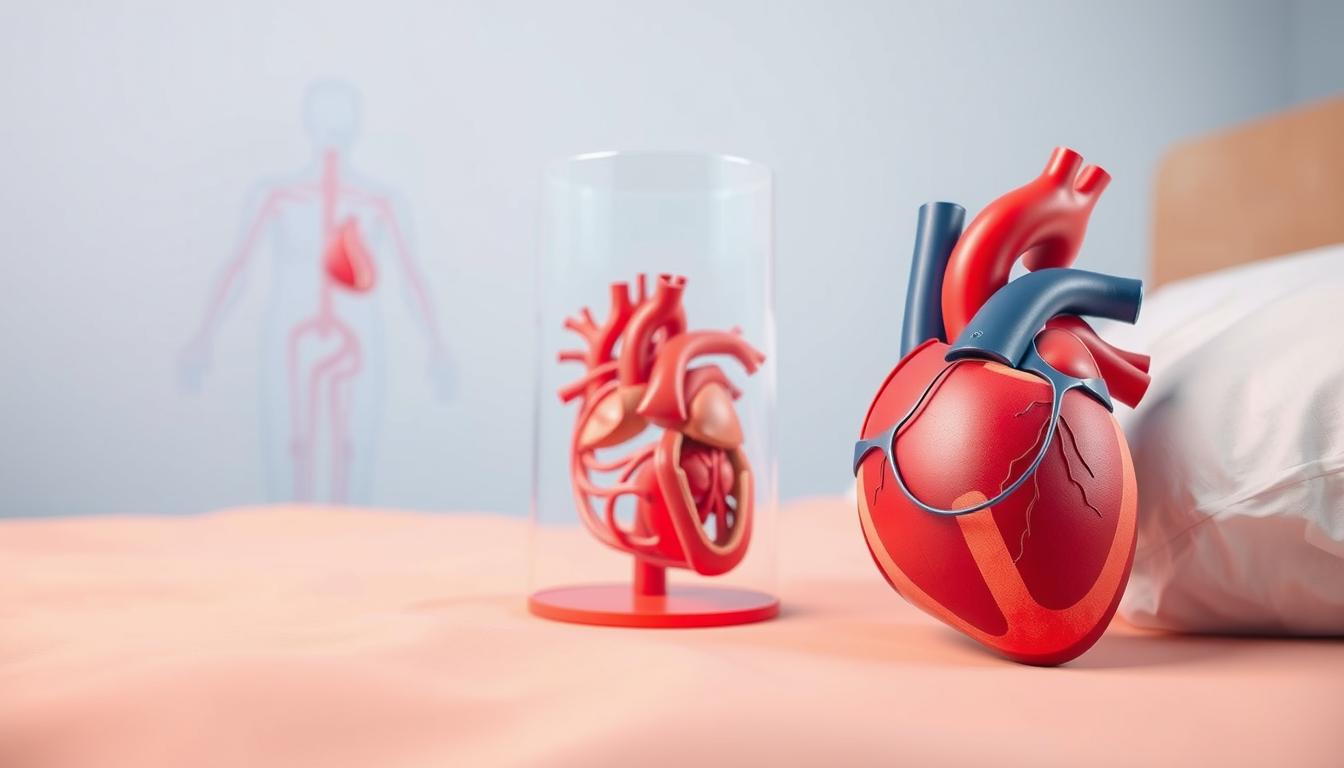 A cross-sectional illustration of the cardiovascular risks associated with sleep apnea. In the foreground, a detailed anatomical diagram showcases the impact of airway obstruction on heart function, highlighting enlarged blood vessels, elevated blood pressure, and irregular heartbeat. The middle ground features a detailed 3D model of the human circulatory system, visualizing the strain on the cardiovascular system due to decreased oxygen levels. In the background, a vibrant, minimalist color palette sets the mood, conveying the seriousness and importance of the subject matter. The lighting is soft and diffused, creating a sense of depth and volume, while the camera angle provides a clear, informative perspective.