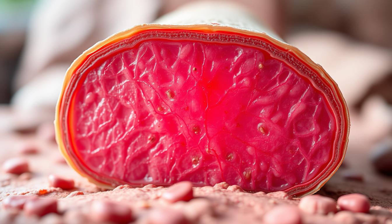 A cross-sectional view of inflamed connective tissue, showcasing the intricate network of collagen fibers, capillaries, and interstitial fluid. Vibrant hues of red and pink depict the increased blood flow and edema, highlighting the disruption in fluid balance. The scene is illuminated by soft, natural lighting, revealing the delicate texture and underlying structure of the fascia. The focus is on the middle ground, with a slight blur in the foreground and background, emphasizing the centrality of the inflammation and its impact on the connective tissue.