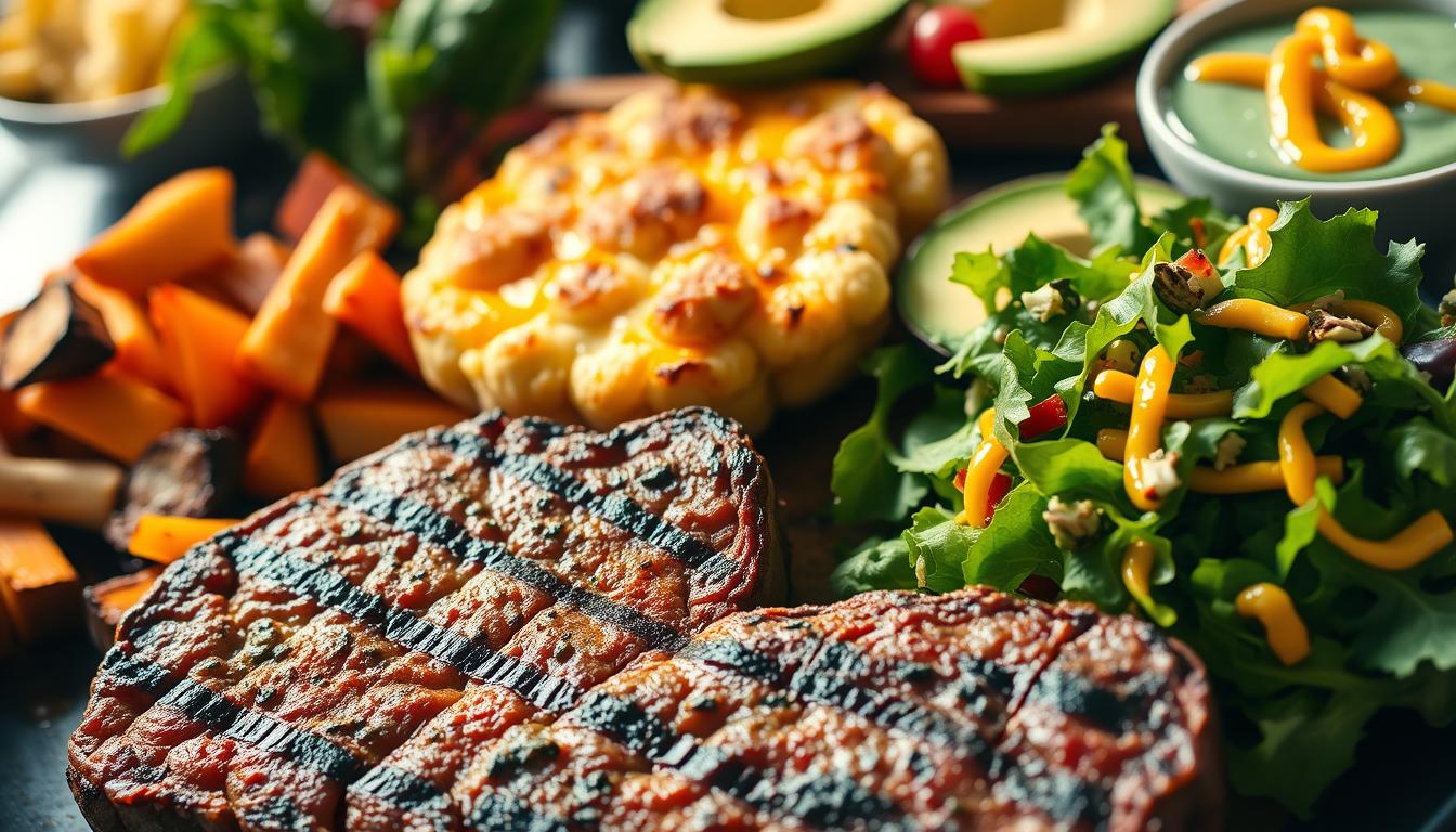 A delectable arrangement of keto-friendly dishes, bathed in warm, natural lighting and captured from a high angle. In the foreground, a juicy, seared steak sizzles alongside roasted vegetables, their colors vibrant and inviting. The middle ground showcases a creamy, cheesy cauliflower gratin, its golden-brown crust glistening. In the background, a refreshing salad with leafy greens, avocado, and a vibrant, tangy dressing. The overall scene exudes a sense of culinary satisfaction and abundance, defying the notion of "sad substitute food."