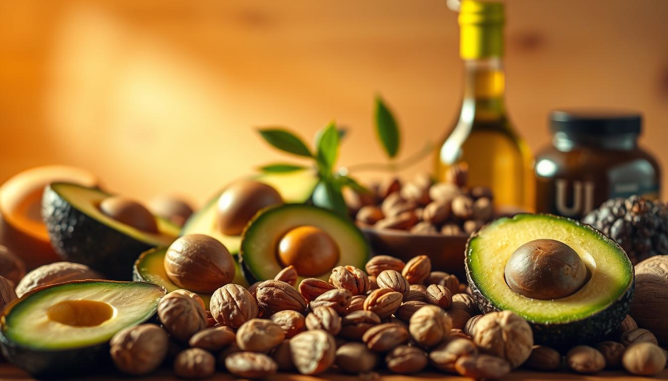 A delectable arrangement of keto-friendly fats like avocado, olive oil, and nuts, basking in warm, vibrant lighting. The scene is crisp and detailed, with a sense of depth and balance. In the foreground, a selection of these nutrient-dense foods are artfully displayed, their textures and colors accentuated by the soft, directional lighting. The middle ground features a minimalist background, allowing the star ingredients to take center stage. The overall mood is one of culinary abundance and health-conscious indulgence, perfectly capturing the essence of CCK-boosting fats for the keto diet.