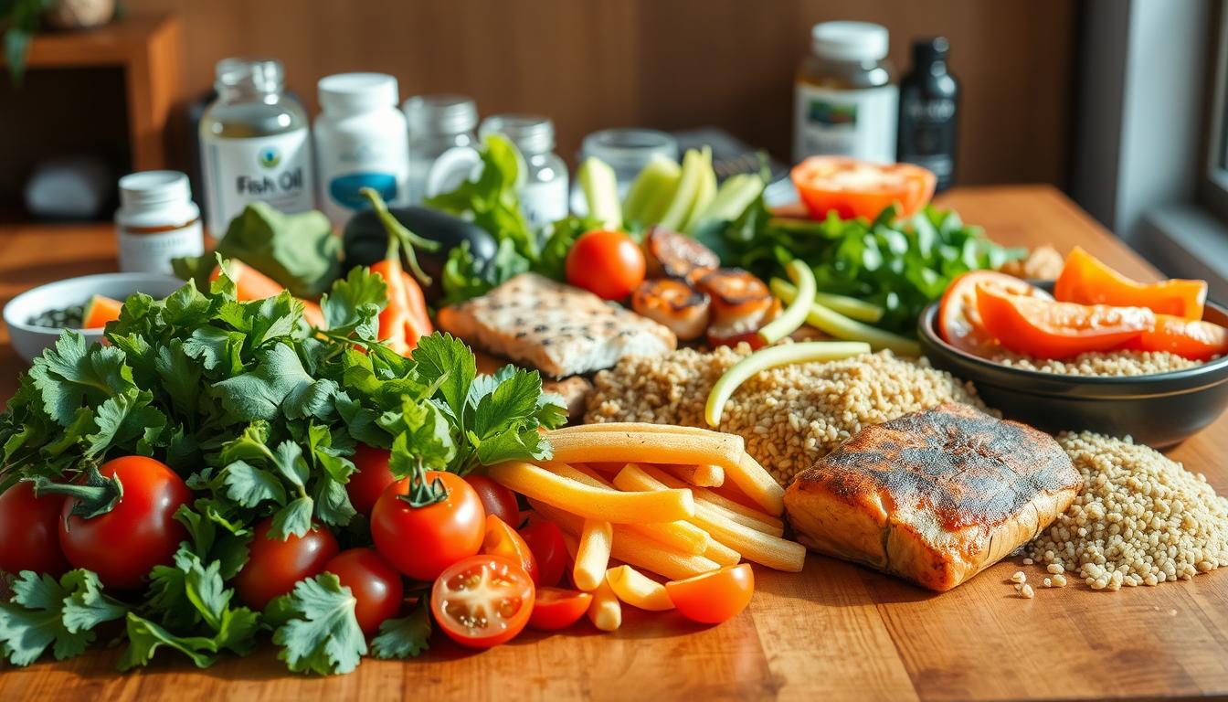 A delectable array of whole foods arranged artfully on a wooden table, bathed in warm, natural lighting. In the foreground, a selection of vibrant vegetables - crisp greens, juicy tomatoes, and crunchy bell peppers. In the middle ground, a variety of lean protein sources, such as grilled chicken breast and seared salmon, accompanied by hearty whole grains like quinoa and brown rice. The background features a few key supplements, like fish oil capsules and digestive enzymes, hinting at a holistic approach to CCK optimization. The overall scene conveys a sense of balance, vitality, and culinary delight, perfectly capturing the essence of meal timing strategies for CCK regulation.