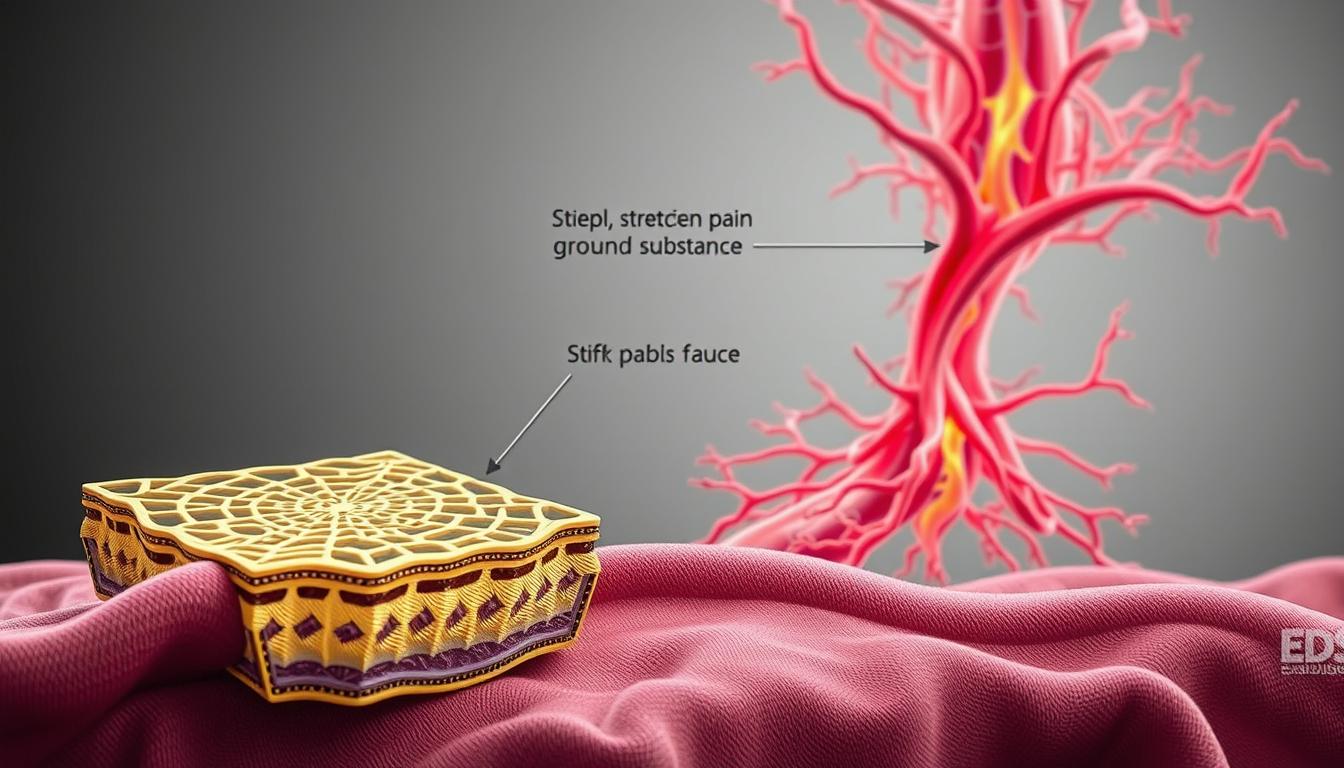 A detailed anatomical diagram depicting the paradoxical nature of fascia in Ehlers-Danlos syndrome. In the foreground, a cross-section of fascia tissue reveals its intricate web-like structure, simultaneously rigid yet pliable. The middle ground showcases the interplay of stretchy collagen fibers and stiff ground substance, creating a delicate balance that is disrupted in EDS. In the background, a muted color palette and subtle shadowing convey the complex, vibrant mechanisms underlying the sensation of paradoxical fascial pain. Rendered with precise medical accuracy and a visually striking, vibrant aesthetic. A detailed anatomical diagram depicting the paradoxical nature of fascia in Ehlers-Danlos syndrome. In the foreground, a cross-section of fascia tissue reveals its intricate web-like structure, simultaneously rigid yet pliable. The middle ground showcases the interplay of stretchy collagen fibers and stiff ground substance, creating a delicate balance that is disrupted in EDS. In the background, a muted color palette and subtle shadowing convey the complex, vibrant mechanisms underlying the sensation of paradoxical fascial pain. Rendered with precise medical accuracy and a visually striking, vibrant aesthetic.