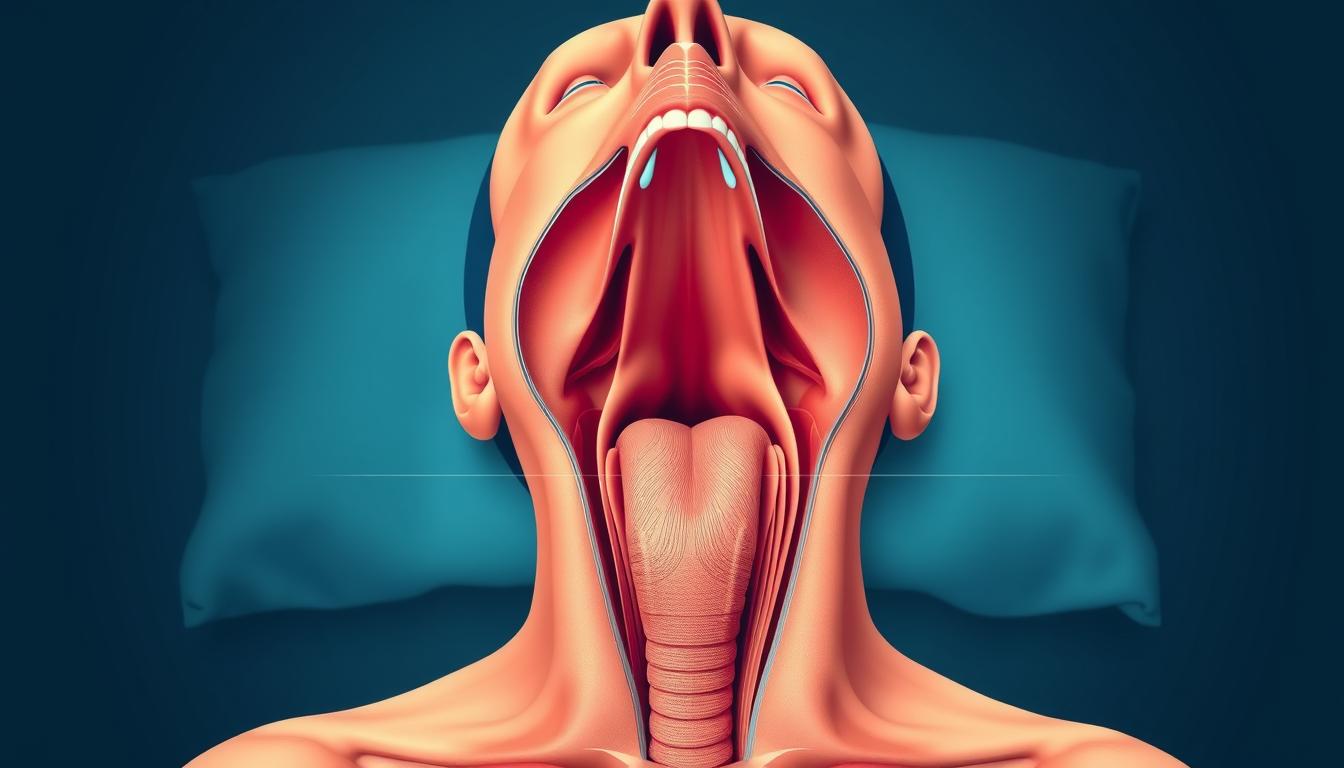 A detailed, anatomical diagram of obstructive sleep apnea, showcasing the upper airway during normal breathing and during an apneic event. The image features a vibrant, muted color palette, with a clean, technical aesthetic. The foreground displays a cross-sectional view of the head and neck, highlighting the pharynx, tongue, and soft palate. The middle ground depicts the airway obstruction during sleep apnea, with the tongue and soft tissues collapsing and blocking airflow. The background includes subtle supporting elements, such as the rib cage and diaphragm, to provide context. The lighting is soft and directional, emphasizing the three-dimensional structure of the anatomy. The overall mood is informative and educational, suitable for a medical article on sleep apnea and snoring.
