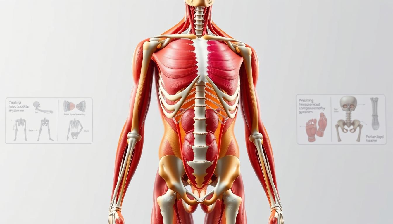 A detailed anatomical illustration of the human body, highlighting key areas of somatic dysfunction in Ehlers-Danlos syndrome. The scene depicts a lifelike figure in a neutral pose, with a vibrant, high-contrast color palette showcasing the musculoskeletal system and connective tissue. The foreground focuses on the torso, revealing muscle tension, joint hypermobility, and areas of restricted movement. The middle ground includes labeled diagrams and cross-sections, providing a technical, educational perspective. The background features a clean, minimalist environment, allowing the subject to take center stage. Crisp lighting and a precise, technical camera angle convey a sense of clinical evaluation and medical analysis.
