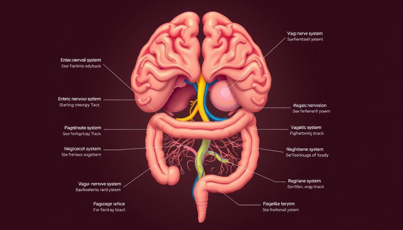 A detailed, anatomically accurate diagram showcasing the intricate brain-gut axis interactions. A vibrant, cross-sectional illustration depicting the enteric nervous system, vagus nerve, and key neuroendocrine pathways that facilitate bidirectional communication between the central nervous system and the gastrointestinal tract. Crisp, high-resolution rendering with a clean, minimalist design aesthetic. Warm, muted color palette with pops of vivid accent colors highlighting specific components. Precise anatomical labeling and callouts to elucidate the complex signaling mechanisms underlying the gut-brain communication network.