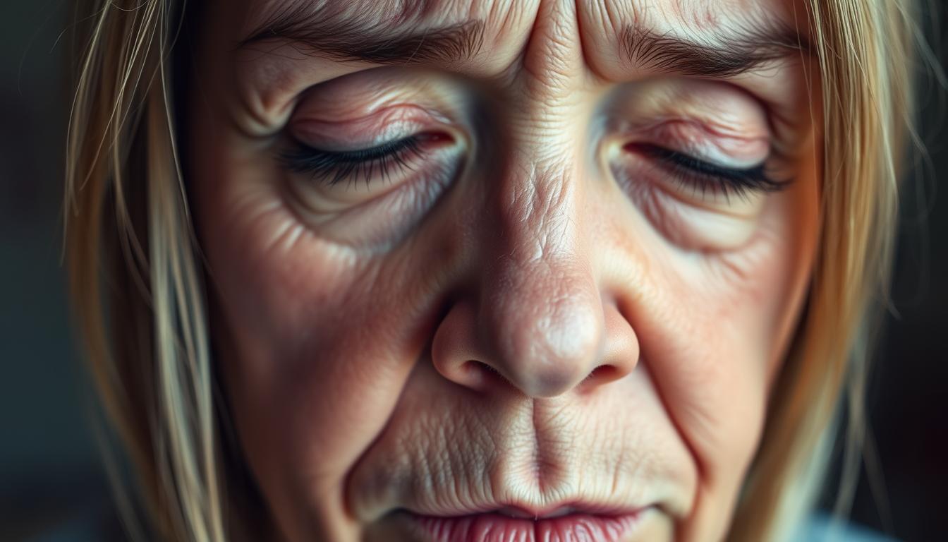 A detailed, close-up portrait of a person's face, conveying the visible symptoms of hypothyroidism. The subject's skin appears dry, pale, and puffy, with dark circles under the eyes. The eyebrows are sparse, and the lips are cracked and chapped. The expression on the face is one of fatigue and lethargy. The lighting is soft and diffused, creating a vibrant, yet muted color palette. The focus is sharp on the facial features, with a shallow depth of field blurring the background. The overall mood is somber and introspective, reflecting the physical and emotional impact of the condition.