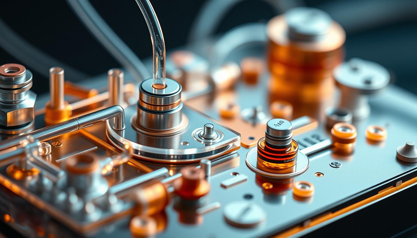 A detailed, close-up view of a complex microfluidic device showcasing innovative pancreatic enzyme optimization coating technologies. The device features intricate channels, chambers, and valves, all designed with a sleek, modern aesthetic. The materials have a vibrant, polished appearance, with hints of metallic accents and transparent, glass-like components. Soft, diffused lighting illuminates the device from various angles, highlighting the precision engineering and elegant, functional design. The overall scene conveys a sense of scientific advancement and technological sophistication in the field of pancreatic enzyme optimization.