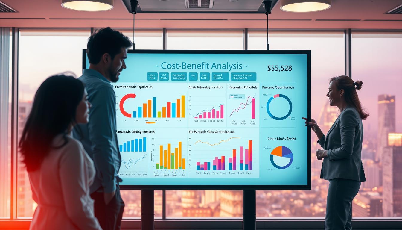 A detailed cost-benefit analysis chart displaying data visualizations and infographics against a backdrop of a vibrant, pastel-hued office environment. In the foreground, a team of professionals in business attire standing around a large touchscreen display, engaged in animated discussion. Soft, directional lighting from overhead sources casts a warm glow, highlighting the focus on the analytical data. The middle ground features a series of bar graphs, pie charts, and line plots illustrating the financial impact and return on investment of various pancreatic optimization protocols. In the background, floor-to-ceiling windows offer a glimpse of a bustling cityscape, underscoring the real-world significance of these medical advancements.
