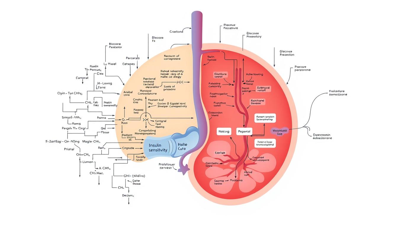 A detailed cross-section diagram of the glucose and blood pressure regulation pathways, rendered in a vibrant, scientific style. In the foreground, a network of biochemical reactions and signaling cascades governing glucose metabolism and insulin sensitivity. In the middle ground, the renin-angiotensin-aldosterone system controlling blood pressure homeostasis. In the background, a simplified anatomical representation of the relevant organs and tissues. Precise technical illustration with clean lines, subtle gradients, and a muted color palette evocative of medical diagrams. Crisp, well-lit, and presented from a slightly elevated perspective to convey a sense of depth and complexity.
