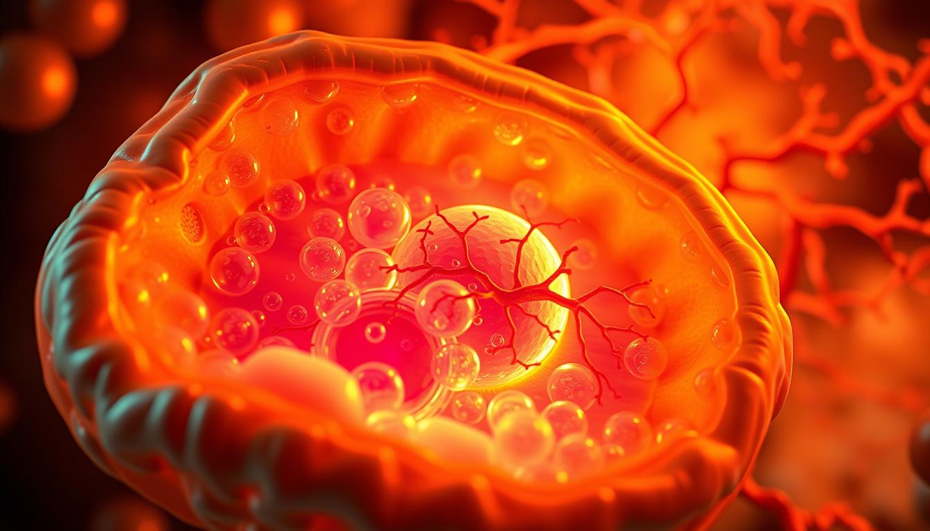 A detailed cross-section of a fat cell, illuminated by warm, vibrant lighting. In the foreground, visible are the cell membrane, cytoplasm, and lipid droplets filled with triglycerides. In the middle ground, mitochondria are actively undergoing the process of beta-oxidation, breaking down fatty acids to release energy. In the background, a network of capillaries transport oxygenated blood and metabolites to facilitate the fat-burning process. The overall scene conveys the dynamic, intricate nature of cellular fat metabolism.