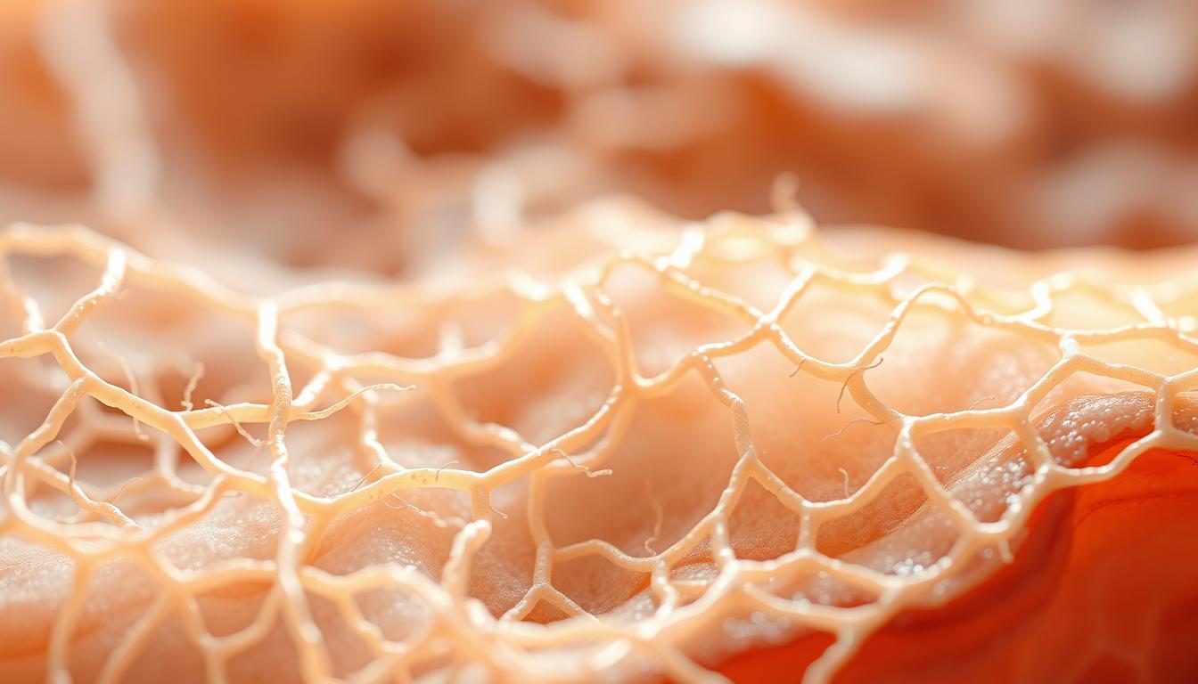 A detailed cross-section of connective tissue fascia, showcasing its intricate web-like structure. In the foreground, delicate collagen fibrils intertwine, creating a vibrant, luminous network. The middle ground reveals the complex arrangement of fibrous bands and sheets, woven together to provide structural support and flexibility. In the background, a subtle play of light and shadow accentuates the depth and contours of the fascia, conveying a sense of three-dimensional depth. The overall scene is captured with a crisp, high-resolution lens, using soft, diffused lighting to highlight the tissue's natural beauty and vibrancy.