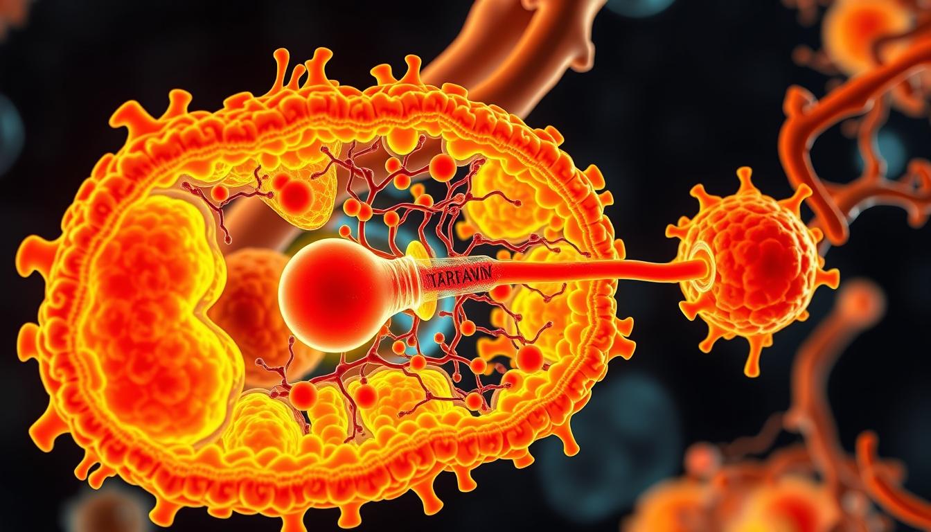 A detailed cross-section of the cellular fat breakdown process, showcasing the intricate network of organelles and enzymes responsible for the conversion of stored triglycerides into usable energy. Vibrant hues of orange, yellow, and red depict the dynamic biochemical reactions, with mitochondria at the center, providing the necessary ATP. Captured through a wide-angle lens, the image conveys the complexity and efficiency of this vital metabolic pathway, crucial for understanding how forskolin activates cAMP to facilitate fat loss and energy production.