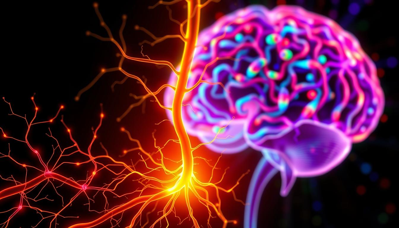 A detailed cross-section of the gut-brain connection pathways, illuminated by vibrant, pulsing neon hues. In the foreground, a labyrinth of neural networks and synaptic connections, conveying the intricate information exchange between the enteric nervous system and the central nervous system. The middle ground features a stylized illustration of the vagus nerve, the primary communication highway, glowing with a warm, amber-like luminescence. In the background, a vibrant, abstract representation of the gut microbiome, with colorful, swirling patterns that symbolize the critical role of gut flora in shaping brain chemistry and function. The overall composition evokes a sense of dynamism, interconnectedness, and the profound influence of the gut-brain axis on emotional well-being.