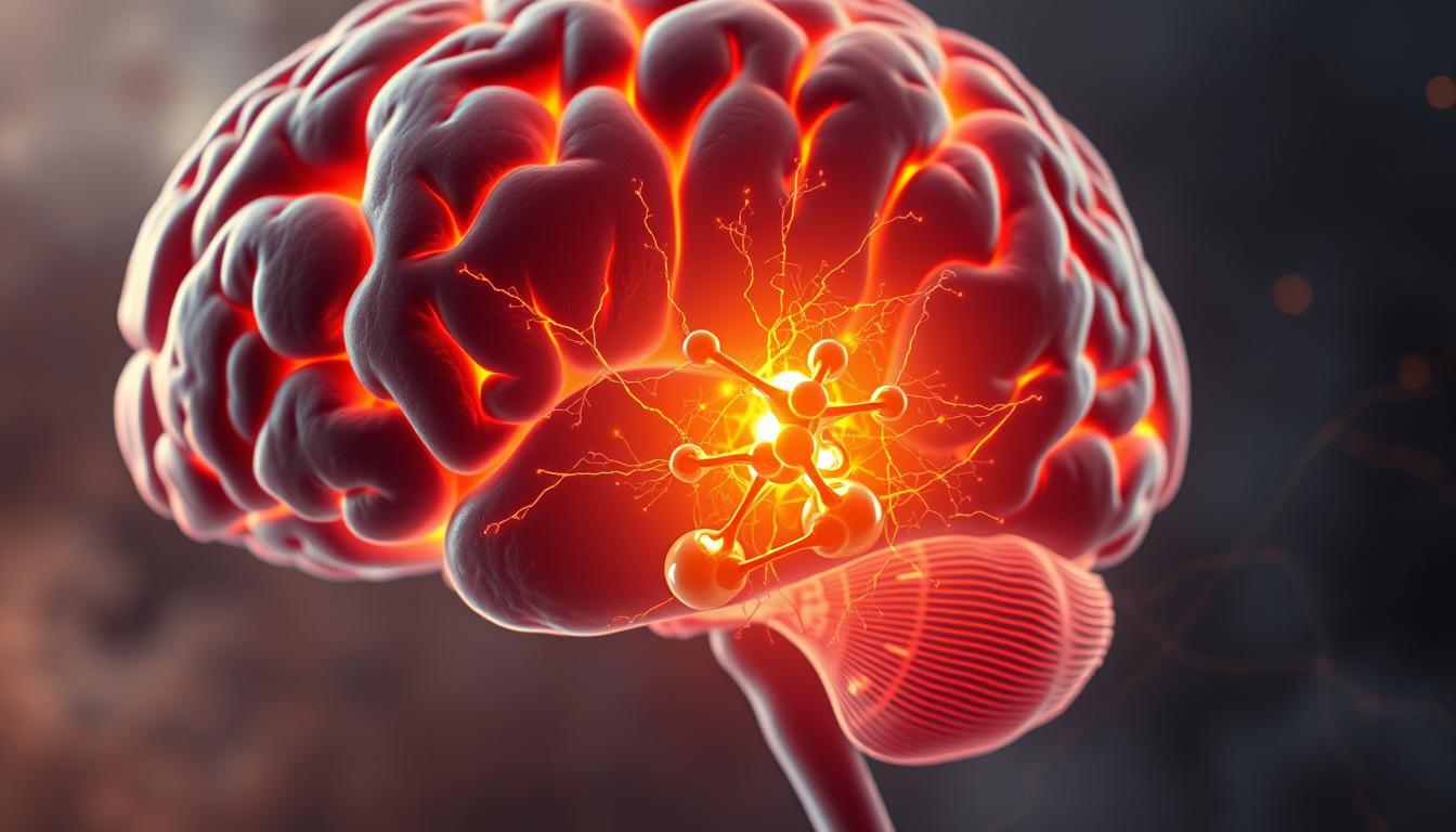 A detailed cross-section of the human brain, illuminated by a vibrant, warm lighting. In the foreground, a cluster of regulatory hormones - cholecystokinin (CCK), serotonin, and norepinephrine - pulsate with energy, their intricate molecular structures intertwined. In the middle ground, neural pathways crackle with electrical impulses, conveying the complex interplay between these neurochemicals and their influence on anxiety. The background fades into a hazy, dreamlike landscape, suggesting the profound impact of these mechanisms on the human psyche.