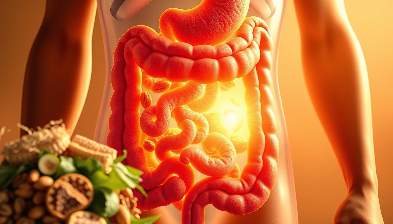 A detailed cross-section of the human digestive system, showcasing the flow of fiber through the intestines. In the foreground, a stylized rendering of various high-fiber foods - whole grains, leafy greens, fruits, and nuts - leading into a vibrant, animated passage through the esophagus, stomach, and small and large intestines. The middle ground depicts the intricate workings of peristalsis, with undulating movements propelling the fiber along the digestive tract. In the background, a soft, ethereal glow highlights the process of nutrient absorption and waste elimination, creating a sense of balance and harmony within the body. Lit by warm, diffused lighting, the scene conveys the importance of fiber intake for optimal digestive timing and efficiency.