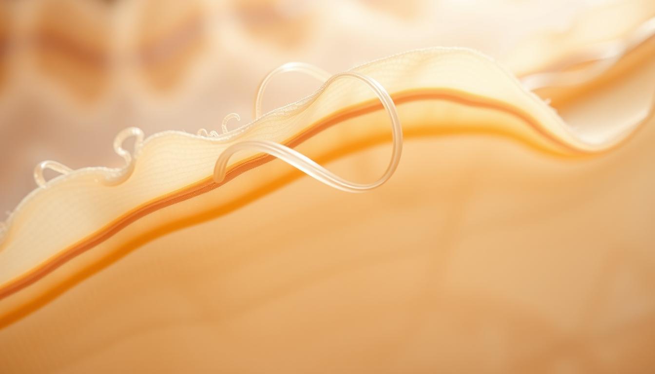 A detailed cross-section of the human fascia, showcasing its intricate structure and flexibility. The fascia appears supple and vibrant, with a delicate web of interconnected fibers undulating gently. The lighting is soft and diffused, accentuating the translucent, semi-transparent quality of the tissue. The camera angle provides a close-up, almost microscopic view, allowing the viewer to appreciate the nuanced textures and the dynamic relationship between the different layers of the fascia. The overall mood is one of exploration and scientific curiosity, inviting the viewer to delve deeper into the complexities of this vital connective tissue and its role in chronic pain.