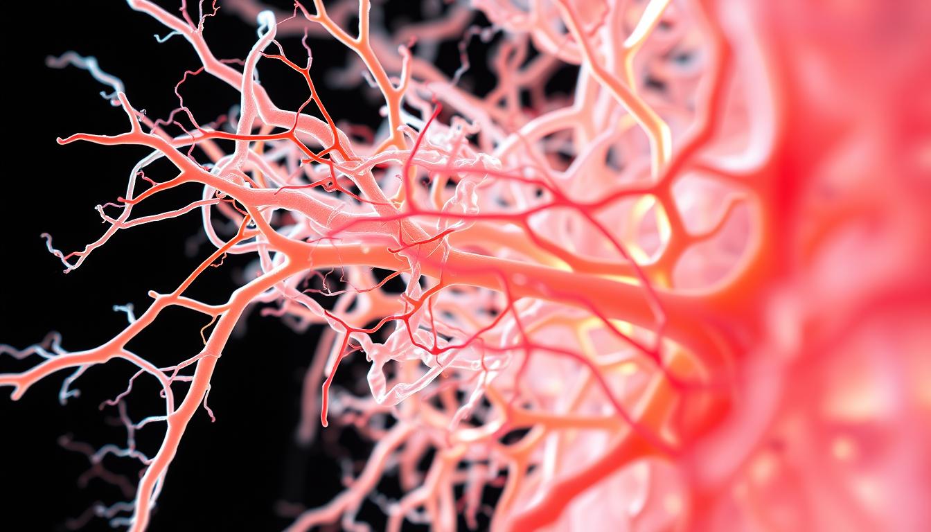 A detailed cross-section of the intricate fascia structure, showcasing its complex web-like architecture. The image should capture the delicate yet resilient nature of this connective tissue, highlighting its integral role in Ehlers-Danlos Syndrome. Render the fascia in a vibrant, semi-transparent palette, allowing the viewer to appreciate its depth and layered composition. Illuminate the scene with a soft, diffused light, casting gentle shadows that accentuate the contours and undulations of the fascia. Compose the image from an angle that provides a comprehensive overview, conveying the expansive and interconnected nature of this vital physiological system.
