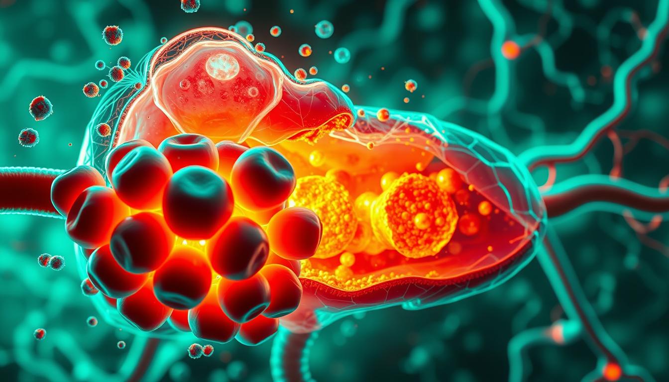 A detailed cross-section of the metabolic process at the heart of the keto diet, bathed in a vibrant, neon-tinged glow. In the foreground, a cluster of fat cells in various stages of breakdown, surrounded by a swirling cascade of ketone bodies and free-floating fatty acids. The middle ground reveals the inner workings of liver cells, their mitochondria ablaze with the intense energy of beta-oxidation. In the background, a hazy network of blood vessels and nerve endings, pulsing with the rhythmic flow of this low-carb metabolic dance. Crisp lighting from multiple angles highlights the dynamic interplay of these organic structures, creating a captivating visualization of the keto diet's metabolic magic.