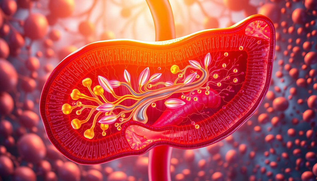 A detailed cross-section of the pancreas, showcasing the intricate regulatory mechanisms of pancreatic enzymes. In the vibrant foreground, a network of ducts and acini pulsate with the release of digestive enzymes, bathed in a warm, golden light. The middle ground reveals the complex interplay of hormones and signaling pathways, orchestrating the precise timing and quantity of enzyme production. In the detailed background, the microscopic structure of the pancreatic tissue is rendered with scientific precision, highlighting the specialized cells and their roles in this vital biological process. The overall scene conveys a sense of scientific wonder and the delicate, yet powerful, nature of the body's digestive system.