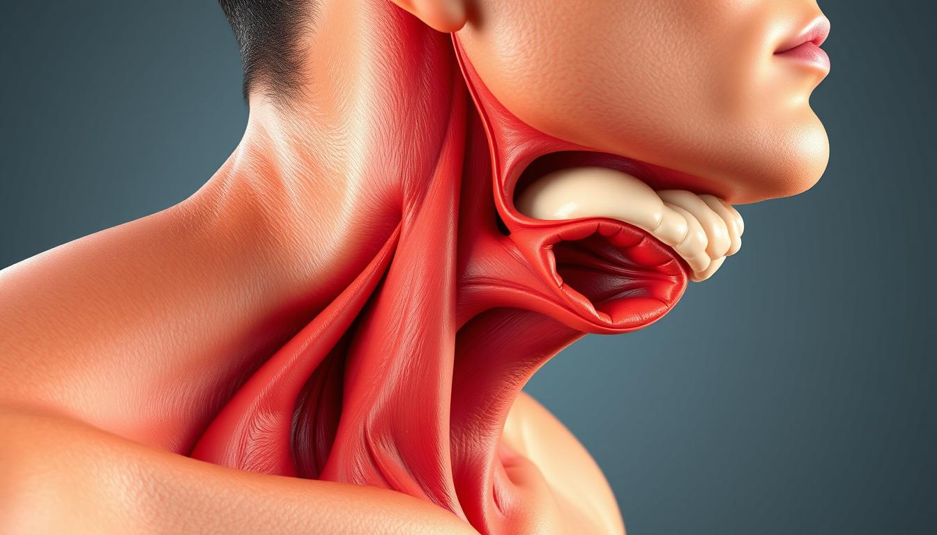 A detailed cross-section view of the neck area, showcasing the accumulation of fat around the airway, causing obstruction. The skin has a vibrant, lifelike texture, with shadows and highlights accentuating the contours. The underlying muscles and connective tissues are visible, demonstrating how excess weight can compress the airway and contribute to snoring. The image is rendered with a high level of anatomical accuracy, providing a clear and informative visual representation of the connection between weight gain and airway obstruction.