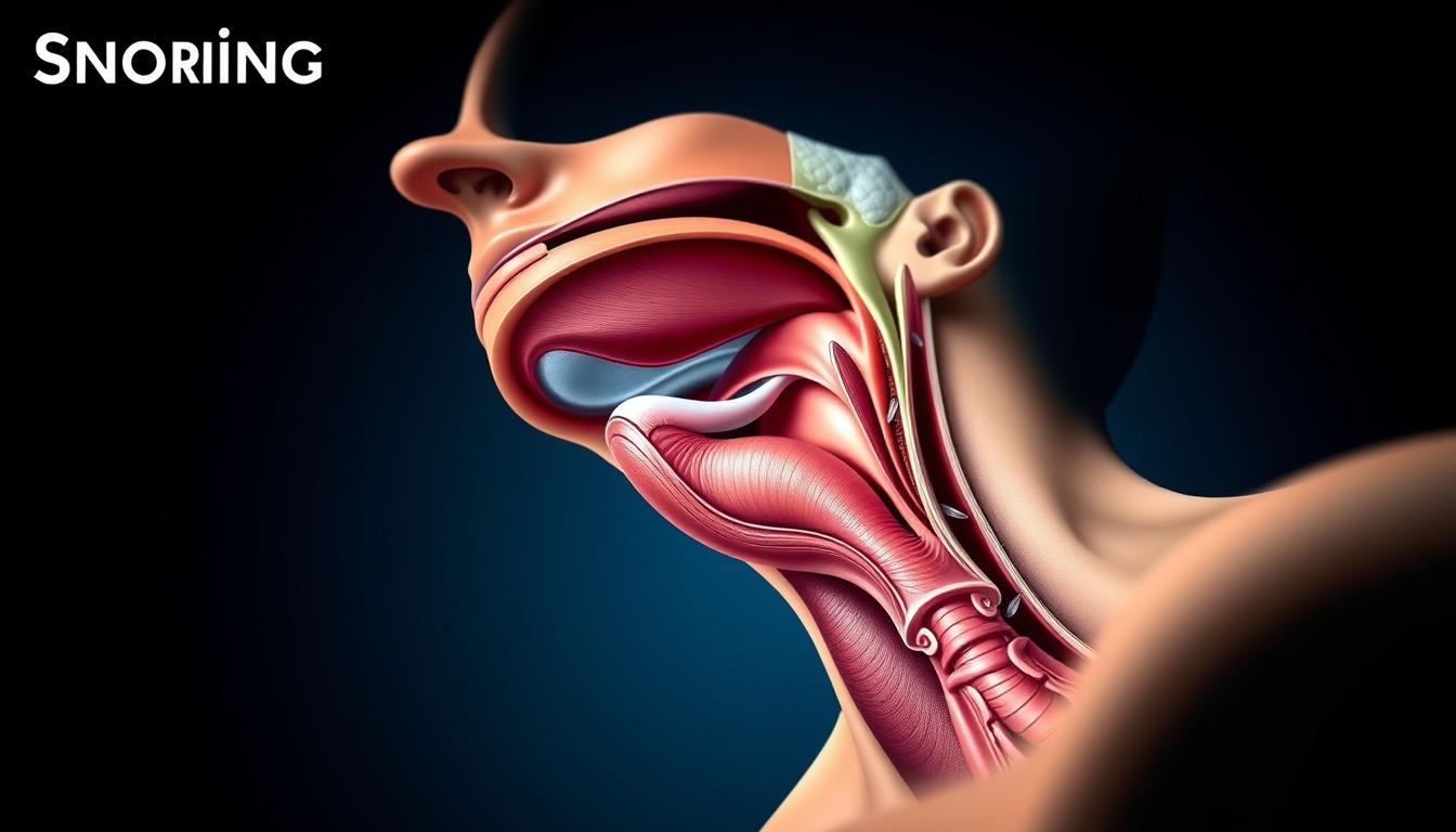 A detailed cross-sectional diagram showcasing the internal anatomy responsible for snoring. In the foreground, a vibrant, well-lit rendering of the upper respiratory system, including the mouth, throat, and nasal passages. The middle ground features the soft palate, uvula, and tongue, whose relaxation and obstruction are the primary causes of snoring. The background subtly depicts the surrounding bony structures, muscles, and cartilage that influence airflow and vibration. The overall image conveys a technical, educational tone, with clean lines, muted colors, and a focus on anatomical accuracy to aid in understanding the physiological mechanisms underlying this common sleep disorder.