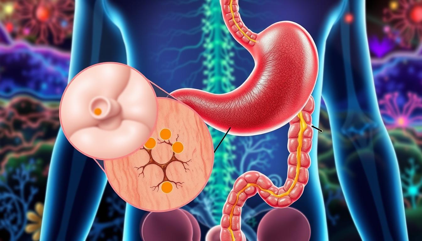 A detailed, cross-sectional illustration of functional dyspepsia and CCK sensitivity. In the foreground, a magnified view of the upper gastrointestinal tract, showcasing the stomach and duodenum. The mucosa is highlighted, with areas of increased sensitivity to cholecystokinin (CCK) signaling. The middle ground depicts the enteric nervous system, with exaggerated CCK receptor activation triggering motility disturbances and pain perception. In the background, a vibrant anatomical landscape, emphasizing the complex interplay between the gut, brain, and neuroendocrine factors that contribute to functional dyspepsia. Rendered in a vivid, high-contrast medical illustration style, with an emphasis on technical accuracy and visual clarity.