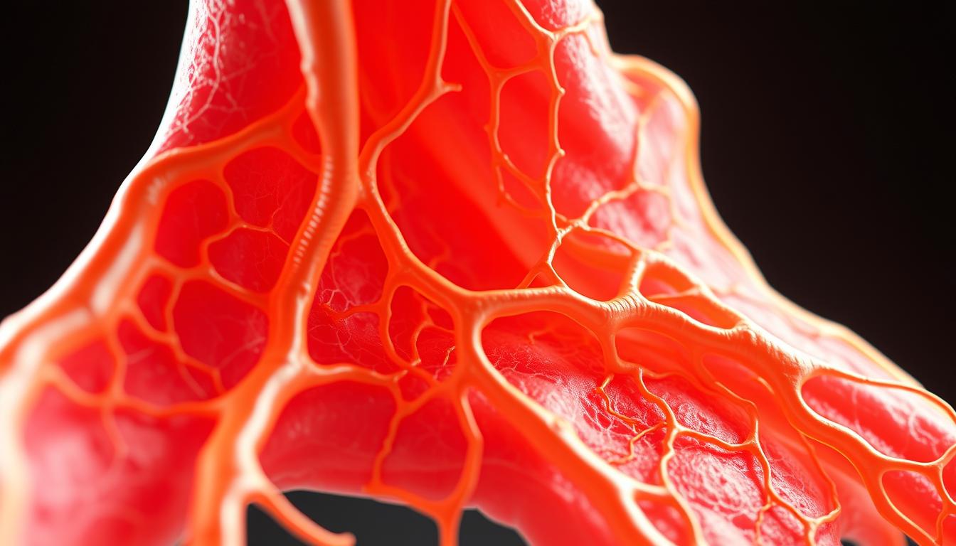 A detailed, cross-sectional illustration of the connective tissue structure in Ehlers-Danlos syndrome. The vibrant, high-resolution image showcases the intricate web of collagen fibers, elastin, and ground substance that comprise the fascia. Illuminated by soft, directional lighting, the image highlights the unique architecture and pliability of this dynamic tissue, which is central to the pathophysiology of Ehlers-Danlos-related pain. Captured at a slight angle to emphasize depth and volume, the image conveys the complex, multilayered nature of the fascia, providing valuable visual context for understanding the key mechanisms underlying Ehlers-Danlos and associated myofascial pain. A detailed, cross-sectional illustration of the connective tissue structure in Ehlers-Danlos syndrome. The vibrant, high-resolution image showcases the intricate web of collagen fibers, elastin, and ground substance that comprise the fascia. Illuminated by soft, directional lighting, the image highlights the unique architecture and pliability of this dynamic tissue, which is central to the pathophysiology of Ehlers-Danlos-related pain. Captured at a slight angle to emphasize depth and volume, the image conveys the complex, multilayered nature of the fascia, providing valuable visual context for understanding the key mechanisms underlying Ehlers-Danlos and associated myofascial pain.