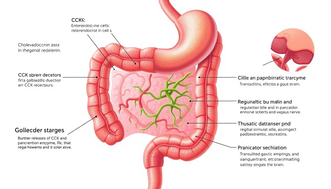 A detailed, cross-sectional illustration of the gastrointestinal tract, highlighting the role of cholecystokinin (CCK) as a key signaling molecule. In the vibrant, hyper-realistic style, depict the release of CCK from enteroendocrine cells in the duodenum, its interaction with CCK receptors on target organs like the gallbladder, pancreas, and vagus nerve. Showcase the broader physiological effects of CCK, such as stimulating bile and pancreatic enzyme secretion, regulating gastric emptying, and transmitting satiety signals to the brain. Compose the image with a clean, informative layout, using a crisp, well-lit perspective to clearly illustrate the gut-brain axis function of CCK.