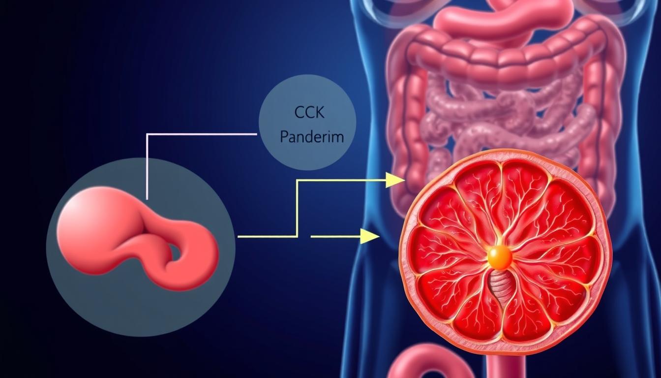 A detailed, cross-sectional illustration showcasing the pancreas and its role in digestive function. In the vibrant foreground, the pancreas is prominently displayed, its intricate lobular structure and exocrine and endocrine components clearly visible. The middle ground depicts the flow of digestive enzymes and hormones, such as cholecystokinin (CCK), from the pancreas to the duodenum, highlighting their influence on gastrointestinal processes. The background features a stylized rendering of the broader digestive system, emphasizing the interconnected nature of pancreatic function and common gastrointestinal disorders. The overall composition conveys a sense of scientific accuracy and visual appeal, suitable for illustrating the role of CCK in IBS, GERD, and other GI conditions.