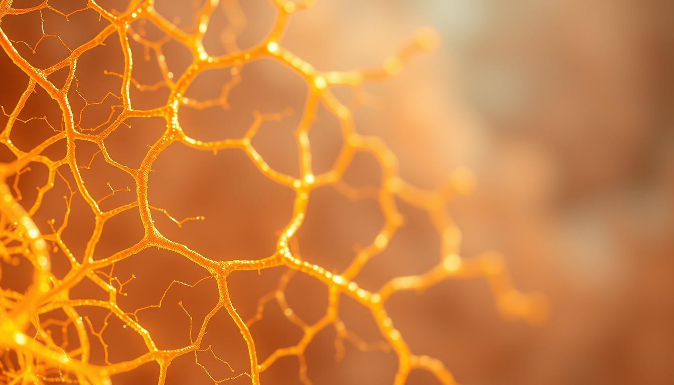 A detailed, cross-sectional view of the intricate collagen network within connective tissue. Shimmering fibrils intertwine in a vibrant, web-like structure, casting a warm, golden glow under soft, diffused lighting. The delicate, interlacing strands create a mesmerizing pattern, showcasing the complex architecture that gives connective tissue its remarkable strength and flexibility. In the foreground, the collagen fibers appear crisp and well-defined, while the middle ground fades into a softer, more ethereal realm. The background maintains a subtle, hazy ambiance, allowing the primary subject to take center stage and captivate the viewer's attention.
