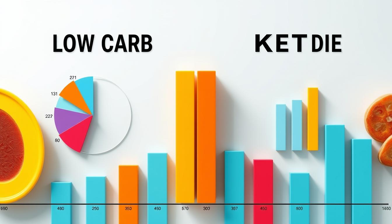 A detailed data visualization depicting the varying proportions of carbohydrates and fats in different dietary approaches. Rendered in a vibrant, infographic-style layout, the image showcases the contrasting macronutrient ratios between a standard low-carb diet and a strict ketogenic diet. Sleek, minimalist design with clean lines and a bold color palette. Prominent pie charts or bar graphs highlighting the quantitative differences, set against a bright, modern background. Subtle shadows and lighting create depth and dimensionality. An informative, visually striking piece that clearly communicates the distinctions between low-carb and keto nutritional plans.