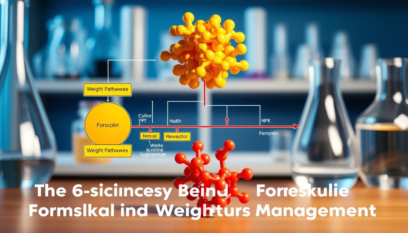 A detailed diagram showcasing the metabolic pathways associated with the natural compound forskolin. In the foreground, a vibrant, labeled illustration depicts the key steps and enzymes involved in the forskolin metabolic process, emphasizing its potential role in weight management. The middle ground features a molecular structure model of forskolin, rendered in striking colors that complement the pathway visualization. In the background, a subtle backdrop of scientific equipment and laboratory glassware sets the scene, conveying the scientific nature of the subject matter. The overall composition is crisp, well-lit, and designed to clearly communicate the complex biochemical mechanisms at play, supporting the "The Science Behind Forskolin and Weight Management" section of the article.