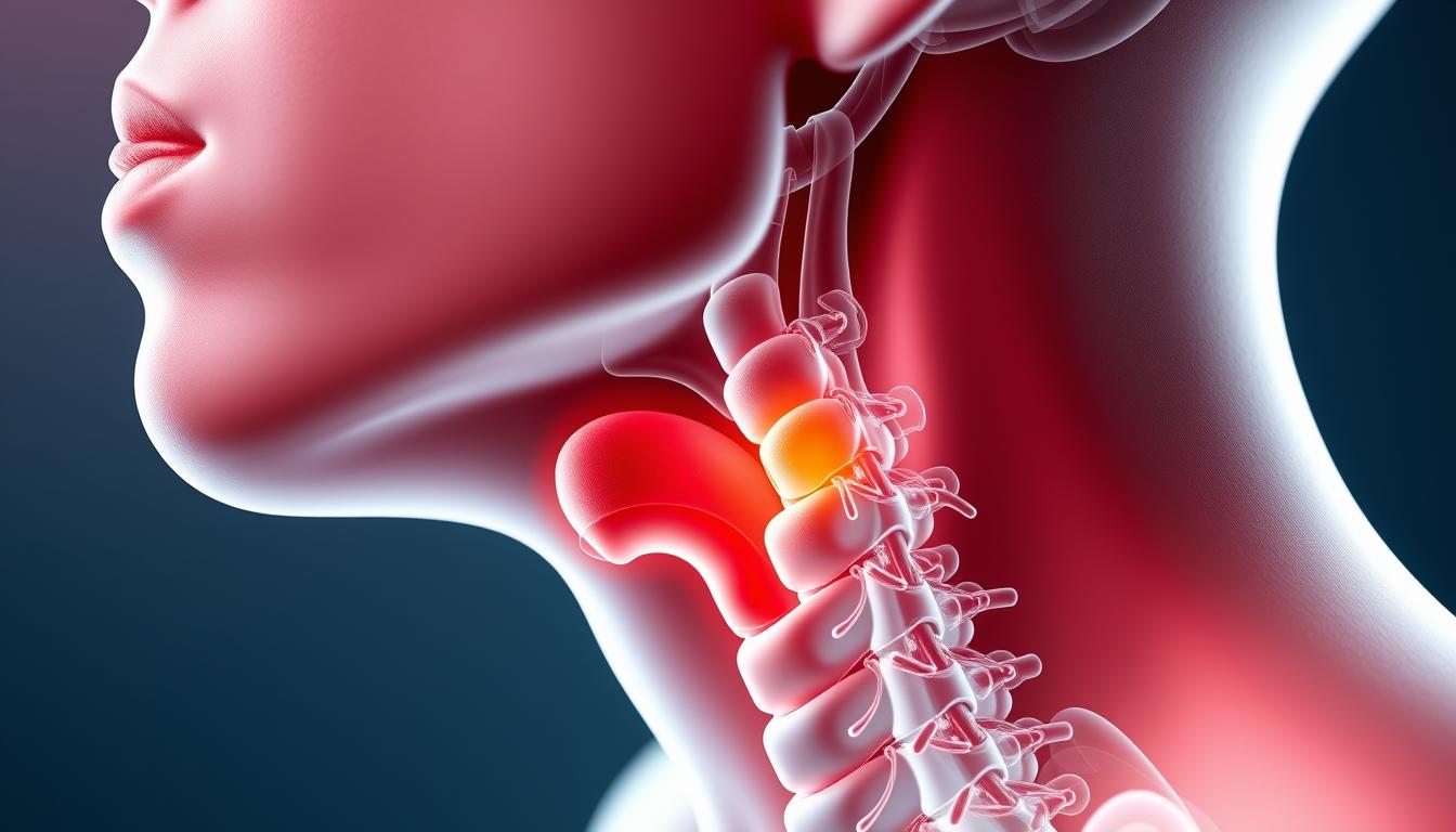 A detailed, high-resolution medical illustration showcasing the upper airway obstruction caused by excessive neck fat. A close-up view of the head and neck region, with a vibrant, realistic depiction of the anatomical structures. The image should convey a sense of scientific clarity, emphasizing the physiological mechanisms behind the obstruction. Soft, diffused lighting highlights the contours of the neck and the fatty deposits constricting the airway. A depth of field effect brings the critical areas into sharp focus, while the background remains subtly blurred. The overall mood is one of clinical precision, conveying the scientific nature of the subject matter.