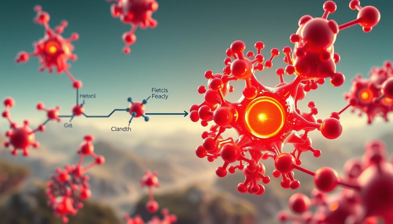 A detailed illustration of the ketosis process. A close-up view of the molecular structures involved, rendered with a vibrant, realistic style. The foreground features the key metabolic pathways and chemical reactions, conveying the complex yet elegant mechanisms of ketosis. The middle ground showcases the transformation of fat into ketone bodies, depicted in a visually striking manner. The background sets the scene with a subtle, hazy landscape, emphasizing the physiological context. Precise lighting and camera angles highlight the intricate interplay of these elements, creating a captivating and informative visual representation of the ketosis process.