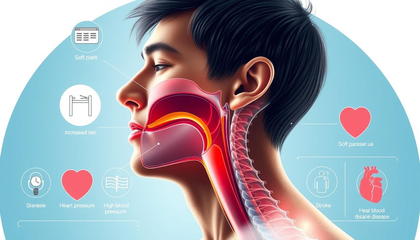 A detailed medical illustration showcasing the chronic health risks of persistent snoring. A close-up view of a person's head in profile, with the upper respiratory system highlighted in vibrant, anatomical detail. The nasal passages, soft palate, and airway are obstructed, leading to labored breathing and disrupted sleep patterns. In the background, icons and diagrams illustrate the downstream effects, such as increased risk of high blood pressure, heart disease, and stroke. The lighting is crisp and clinical, accentuating the seriousness of the condition. An authoritative, educational tone conveys the importance of seeking treatment for this common yet potentially dangerous sleep disorder.