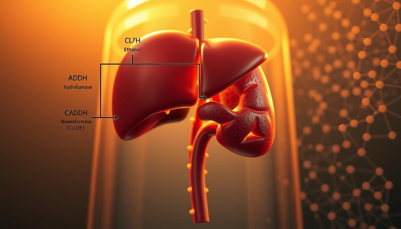 A detailed, scientifically accurate illustration of the alcohol metabolism hierarchy. In the foreground, a vibrant anatomical diagram showcases the key enzymes and pathways involved in breaking down ethanol, including alcohol dehydrogenase (ADH), aldehyde dehydrogenase (ALDH), and cytochrome P450 2E1 (CYP2E1). The middle ground features a three-dimensional model of the liver, the primary organ responsible for alcohol metabolism, bathed in a warm, golden light. In the background, a subtle network of metabolic processes and chemical reactions unfolds, capturing the complex interplay between alcohol and the body's regulatory systems.