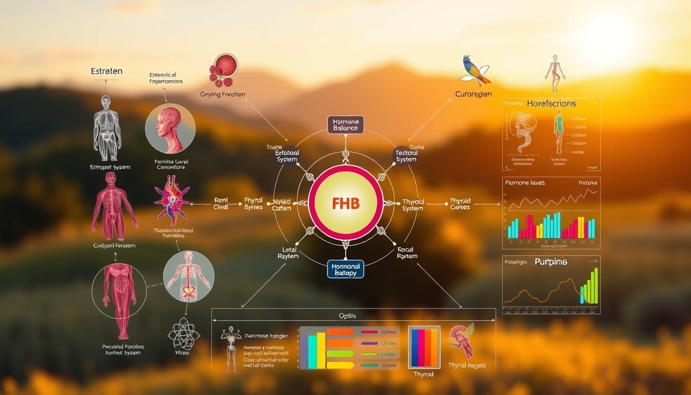 A detailed, vibrant diagram depicting hormone balance therapy. In the foreground, a central schematic shows the interactions between key hormones like estrogen, testosterone, cortisol, and thyroid. Precise anatomical illustrations surround this, highlighting the endocrine system and its intricate pathways. The middle ground features colorful charts and graphs demonstrating hormone level fluctuations and optimal ranges. In the background, a softly blurred landscape showcases a natural, calming environment, emphasizing the holistic approach to hormonal wellness. The lighting is warm and inviting, creating an atmosphere of wellness and balance. The overall composition is visually striking yet informative, providing a comprehensive overview of hormone balance therapy.