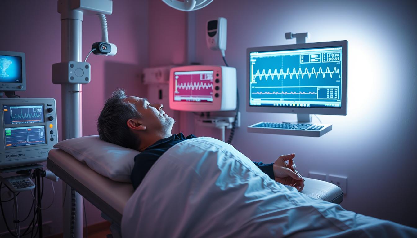 A diagnostic medical examination scene depicting a patient undergoing a sleep apnea assessment. A middle-aged person rests comfortably on an examination table, surrounded by advanced medical equipment such as a polysomnography machine and pulse oximeter. The scene is bathed in a vibrant, clinical lighting that casts sharp shadows, emphasizing the technical nature of the procedure. The doctor, dressed in a crisp white coat, carefully monitors the patient's vitals displayed on a nearby screen. The overall atmosphere conveys the seriousness and importance of properly diagnosing sleep apnea, a critical step in addressing the condition.