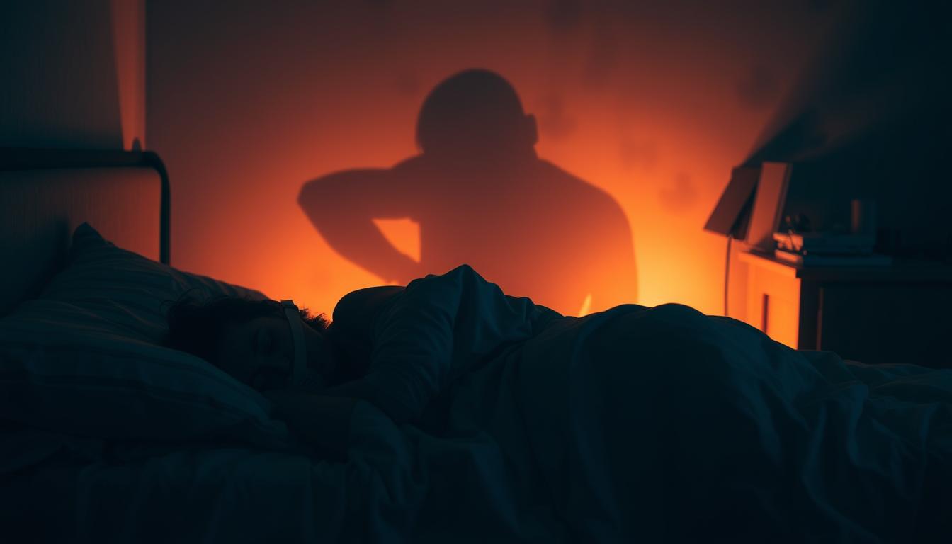 A dimly lit bedroom scene, illuminated by a soft, warm glow. In the foreground, a person sleeping restlessly, their face partially obscured by a CPAP mask. Surrounding them, subtle visual cues - a discarded pillow, a tousled bedsheet, a nightstand with various sleep-related items. In the middle ground, a large, looming shadow cast across the bed, symbolizing the presence of sleep apnea. The background is hazy, with a sense of unease and uncertainty, conveying the hidden dangers of this condition. The overall mood is one of concern and the need for vigilance, conveyed through the vibrant, muted tones and the unsettling atmosphere.