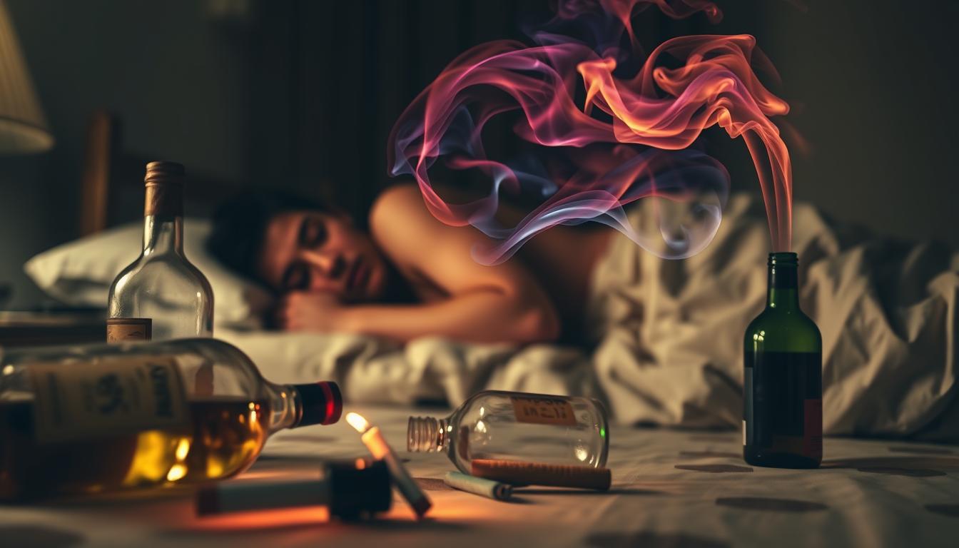 A dimly lit bedroom scene, with a person sleeping on their side. In the foreground, empty liquor bottles and a lit cigarette are strewn haphazardly, suggesting the effects of alcohol and smoking. The middle ground features a vibrant, swirling cloud of smoke drifting above the sleeping figure, visually representing the impact of these lifestyle factors on snoring. The background is softly blurred, creating a sense of focus on the central elements. The lighting is warm and slightly muted, casting a somber, contemplative mood over the scene.