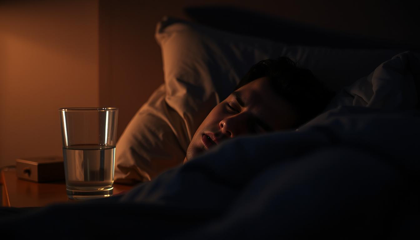 A dimly lit bedroom scene with a person sleeping restlessly on a bed, their face partially obscured by a pillow. The person's mouth is slightly open, and their expression suggests distress or discomfort. In the background, a nightstand with a glass of water and a box of tissues, casting a soft, vibrant glow. The lighting is low and moody, creating a sense of tension and unease. The overall atmosphere conveys the symptoms of sleep apnea, such as labored breathing, snoring, and interrupted sleep.
