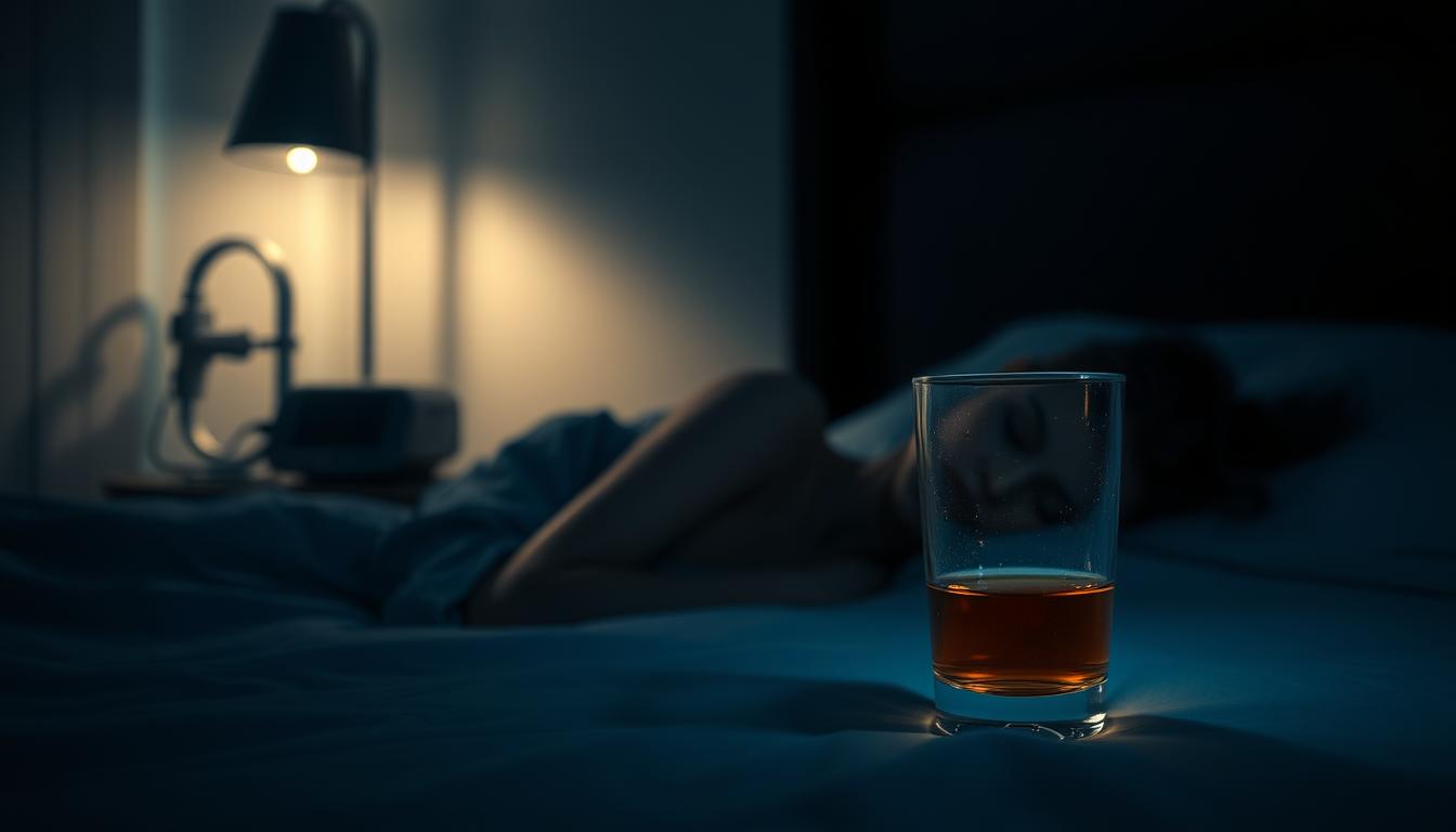 A dimly lit bedroom scene, with a sleeping figure in the foreground. Beside the bed, a bedside table holds a half-empty glass of amber liquid, suggesting the connection between alcohol consumption and disrupted sleep. The background is hazy, with a faint silhouette of a CPAP machine on the nightstand, symbolizing the link between alcohol and sleep apnea. The overall atmosphere is somber, with muted colors and soft, moody lighting, conveying the adverse impact of this relationship. A vibrant, detailed rendering that captures the essence of the topic.