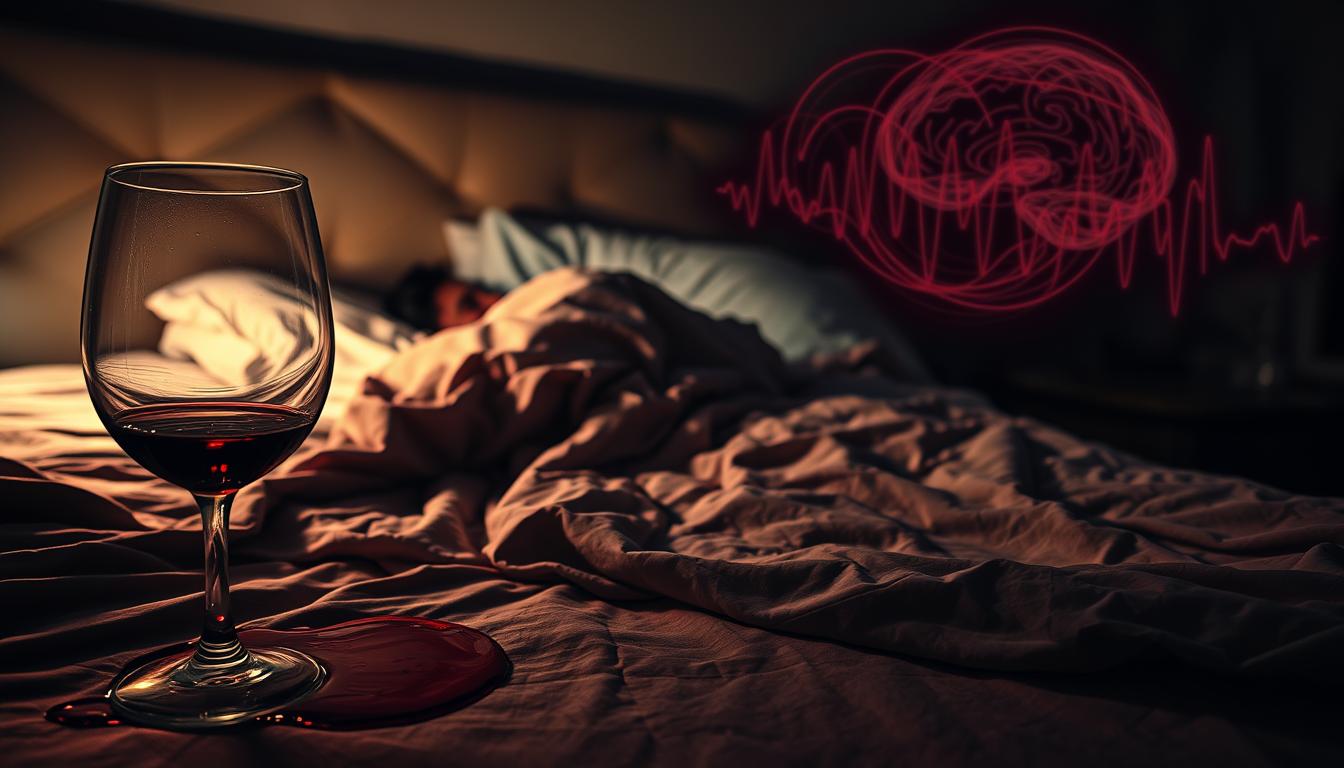 A dimly lit bedroom scene, with a sleeping figure tossing and turning, surrounded by a hazy, alcohol-infused atmosphere. In the foreground, a glass of spilled red wine casts a warm, muted glow across the rumpled bedsheets. The middle ground features a nightstand with a half-empty bottle, casting long, vibrant shadows. In the background, a restless REM sleep is depicted through a swirling, distorted representation of brainwave patterns, symbolizing the disrupted sleep caused by the alcohol's effects. The overall mood is one of discomfort and unease, reflecting the health risks of alcohol-induced snoring.