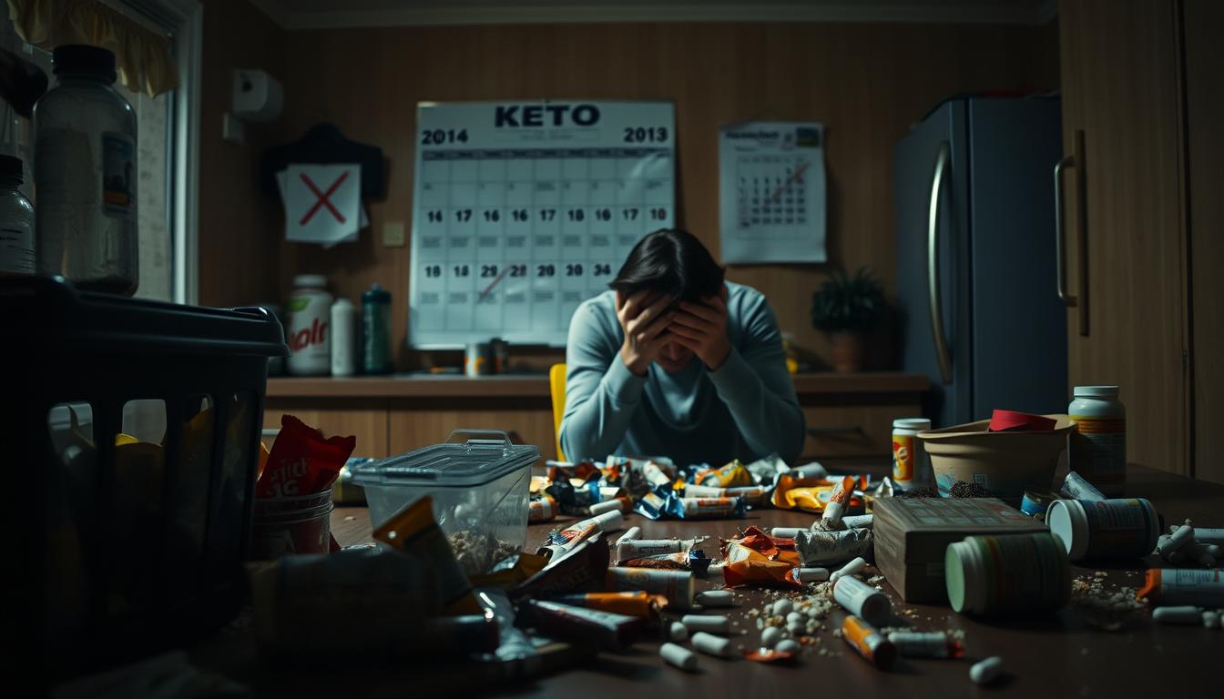 A dimly lit kitchen interior, with an overflowing trash can in the foreground, half-eaten keto snacks and discarded supplements scattered around. In the middle ground, a person sits at the table, head in hands, looking exhausted. The background features a calendar with crossed-out days, symbolizing the long-term challenges of sustaining the keto diet. Vibrant, moody lighting casts dramatic shadows, creating a sense of frustration and fatigue. A sense of overwhelm and the difficulty of maintaining such a restrictive diet over an extended period is palpable.