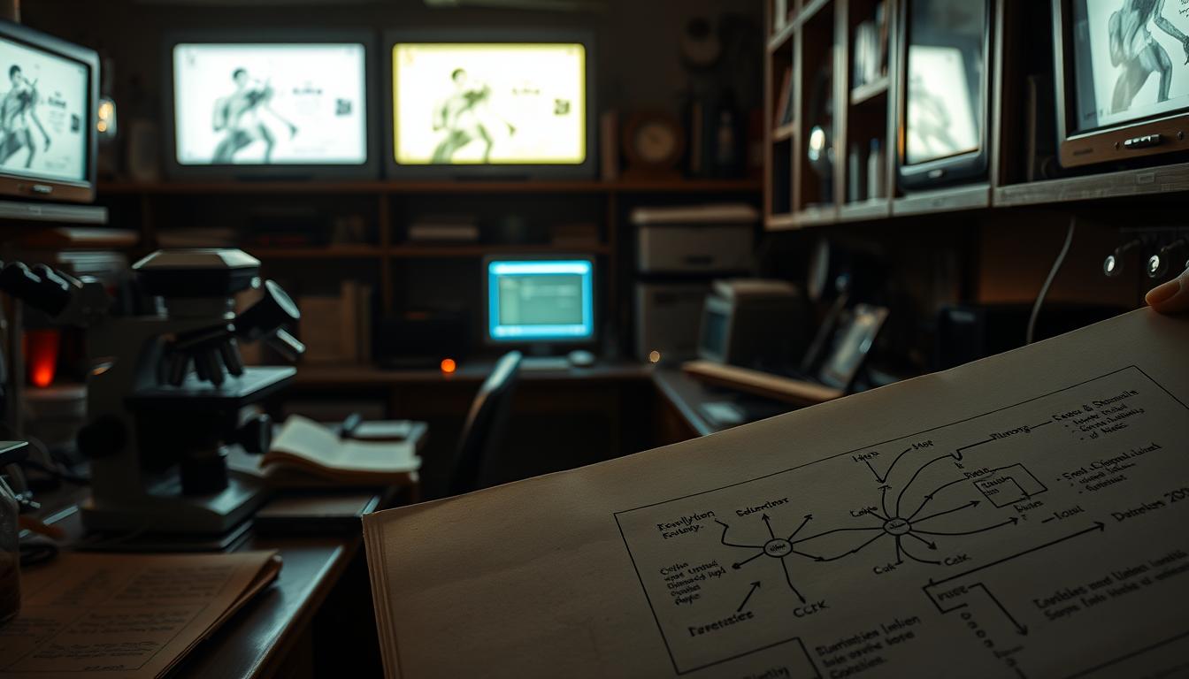 A dimly lit laboratory, flickering computer screens casting an eerie glow. Researchers pore over historical research documents, piecing together the story of CCK, the elusive digestive hormone. Vintage microscopes and laboratory equipment line the shelves, a testament to the painstaking work of past pioneers. Soft, vibrant lighting illuminates the scene, creating an atmosphere of scholarly contemplation. In the foreground, a hand-drawn diagram depicts the complex signaling pathways of CCK, a testament to the meticulous nature of this historical inquiry. The overall mood is one of reverence and intellectual curiosity, as the team delves deeper into the rich tapestry of CCK's discovery.