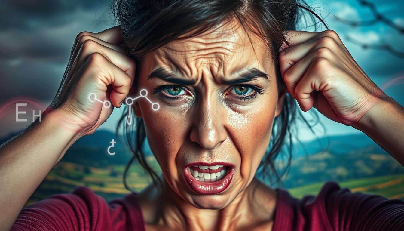 A distressed woman grappling with an imbalanced, fluctuating hormonal state, her body in turmoil. In the foreground, her face conveys an anguished expression, eyes strained, brow furrowed. Her hands grip her temples, as if trying to steady the swirling emotions within. In the middle ground, an overlay of hormone symbols - estrogen, testosterone, cortisol - pulsing and out of sync, symbolizing the hormonal upheaval. The background is a vibrant, unsettled landscape, hinting at the chaotic, overwhelming nature of her internal struggle with weight management. Dramatic lighting casts dramatic shadows, heightening the sense of tension and unease. An image that viscerally captures the debilitating effects of stress and hormonal imbalance on weight control. Prompt