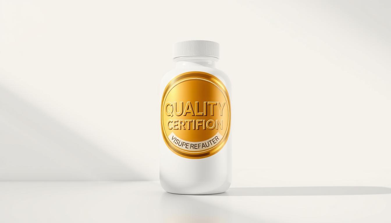 A high-quality certification emblem displayed prominently on a clean, minimalist supplement bottle. The emblem is rendered in a vibrant, metallic gold hue, casting a warm glow. The bottle is positioned in the center, slightly angled, with a clean white background that accentuates the certification mark. Soft, directional lighting from the left creates subtle shadows and highlights, adding depth and dimension. The overall composition conveys a sense of trust, quality, and attention to detail, reflecting the importance of verifiable certifications in the supplement industry.