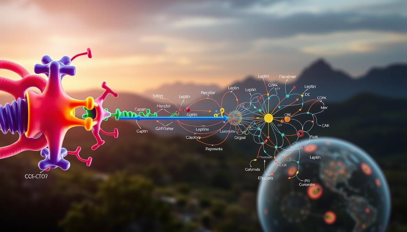 A highly detailed, anatomically accurate illustration of the CCK and leptin signaling pathways. The foreground depicts the key components - CCK and leptin receptors, G-proteins, and downstream effector molecules - in a vibrant, color-coded manner. The middle ground showcases the intricate web of intracellular signaling cascades, with arrows and connecting lines illustrating the flow of information. The background features a subdued, ethereal landscape, suggesting the broader physiological context of appetite regulation. Rendered in a realistic, photorealistic style with precise, high-resolution details and a sophisticated use of lighting and shading to convey depth and three-dimensionality.