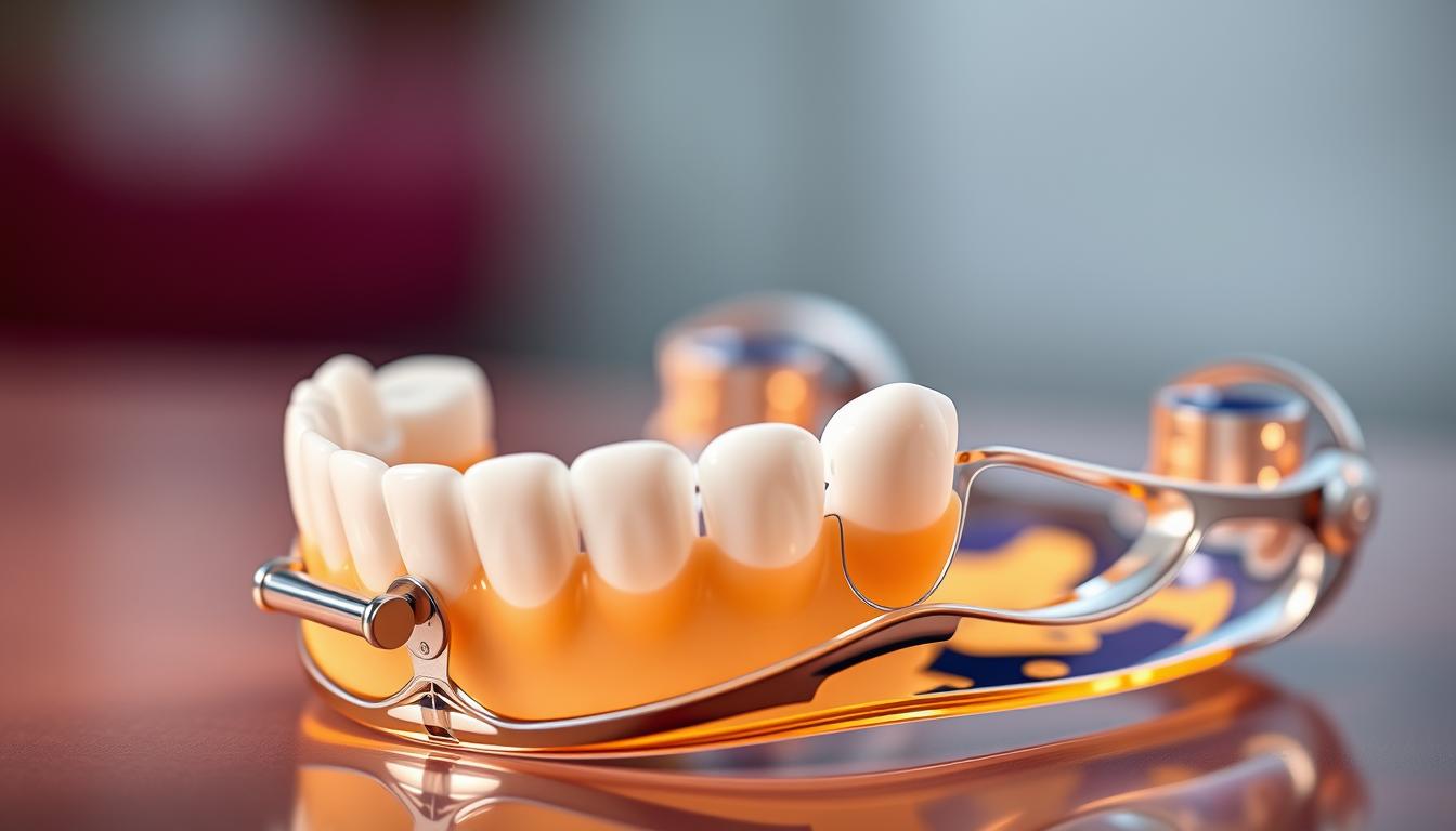 A highly detailed close-up view of a mandibular advancement device, a specialized dental appliance used to treat snoring and sleep apnea. The device is rendered in a vibrant, realistic style, showcasing its intricate structure and sleek, modern design. The foreground features the device's adjustable components, such as the hinges and sliding mechanisms, allowing the viewer to understand its functionality. The middle ground highlights the device's comfortable, custom-fitted mouthpiece, molded to the user's teeth and gums. The background subtly blurs, focusing the attention on the technical precision and engineering of this innovative medical solution.