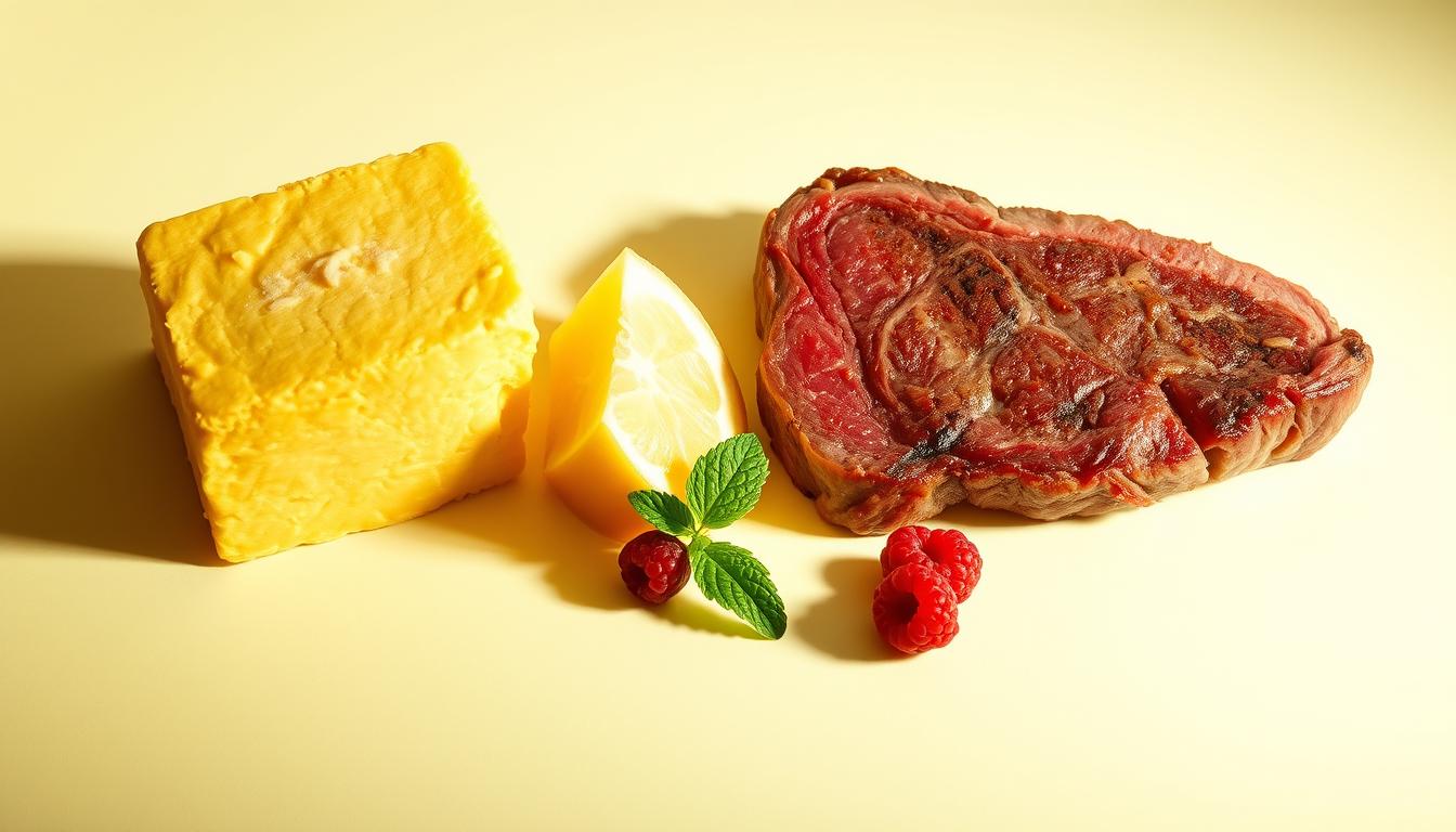 A highly detailed, photorealistic illustration of the three primary macronutrients of the ketogenic diet: fats, proteins, and very low carbohydrates. The fats are represented by a richly textured, golden-hued block of butter or ghee, the proteins by a succulent, juicy steak, and the carbohydrates by a small cluster of fresh berries. The items are arranged in a visually striking, balanced composition against a vibrant, minimalist background, with crisp, dramatic lighting that casts long shadows and highlights the vivid colors and textures. The overall mood is one of clarity, simplicity, and scientific precision, conveying the core principles of the ketogenic approach to nutrition.